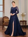 A-line Scoop Long Sleeves Appliques Lace Floor-Length Chiffon Mother of the Bride Dress