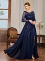 A-line Scoop Long Sleeves Appliques Lace Floor-Length Chiffon Mother of the Bride Dress
