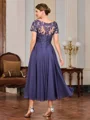 A-line V-neck Short Sleeves Appliques Lace Tea-Length Chiffon Mother of the Bride Dress