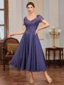 A-line V-neck Short Sleeves Appliques Lace Tea-Length Chiffon Mother of the Bride Dress