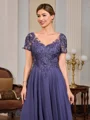 A-line V-neck Short Sleeves Appliques Lace Tea-Length Chiffon Mother of the Bride Dress