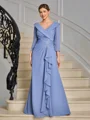 A-line V-neck 3/4 Sleeves Ruffles Floor-Length Chiffon Mother of the Bride Dress