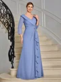 A-line V-neck 3/4 Sleeves Ruffles Floor-Length Chiffon Mother of the Bride Dress