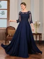 A-line Scoop 3/4 Sleeves Appliques Lace Floor-Length Chiffon Mother of the Bride Dress