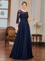A-line Scoop 3/4 Sleeves Appliques Lace Floor-Length Chiffon Mother of the Bride Dress