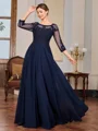 A-line Scoop 3/4 Sleeves Appliques Lace Floor-Length Chiffon Mother of the Bride Dress