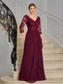 A-line V-neck 3/4 Sleeves Appliques Lace Floor-Length Chiffon Mother of the Bride Dress