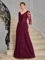 A-line V-neck 3/4 Sleeves Appliques Lace Floor-Length Chiffon Mother of the Bride Dress