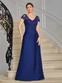 Sheath V-neck Short Sleeves Appliques Lace Floor-Length Jersey Mother of the Bride Dress