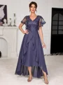 A-line V-neck Short Sleeves Appliques Lace Asymmetrical Chiffon Corset Mother of the Bride Dress