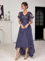A-line V-neck Short Sleeves Appliques Lace Asymmetrical Chiffon Corset Mother of the Bride Dress