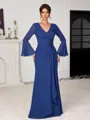 Sheath V-neck Long Sleeves Pleated Floor-Length Chiffon Mother of the Bride Dress