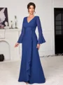 Sheath V-neck Long Sleeves Pleated Floor-Length Chiffon Mother of the Bride Dress