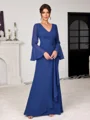 Sheath V-neck Long Sleeves Pleated Floor-Length Chiffon Mother of the Bride Dress