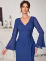 Sheath V-neck Long Sleeves Pleated Floor-Length Chiffon Mother of the Bride Dress
