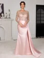 Sheath Scoop Long Sleeves Sequin Floor-Length Silk Like Satin Mother of the Bride Dress