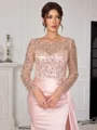 Sheath Scoop Long Sleeves Sequin Floor-Length Silk Like Satin Mother of the Bride Dress