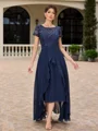 A-line Scoop Short Sleeves Appliques Lace Asymmetrical Chiffon Mother of the Bride Dress