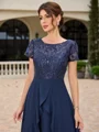 A-line Scoop Short Sleeves Appliques Lace Asymmetrical Chiffon Mother of the Bride Dress