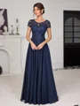 A-line Scoop Short Sleeves Appliques Lace Floor-Length Chiffon Mother of the Bride Dress