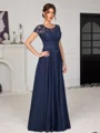 A-line Scoop Short Sleeves Appliques Lace Floor-Length Chiffon Mother of the Bride Dress