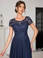 A-line Scoop Short Sleeves Appliques Lace Floor-Length Chiffon Mother of the Bride Dress