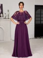 A-line Scoop Short Sleeves Appliques Lace Floor-Length Chiffon Mother of the Bride Dress