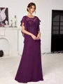 A-line Scoop Short Sleeves Appliques Lace Floor-Length Chiffon Mother of the Bride Dress