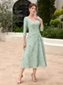 A-line V-neck 3/4 Sleeves Pleated Tea-Length Mother of the Bride Dress