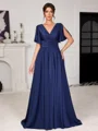 A-line V-neck Short Sleeves Pleated Sweep Train Jersey Mother of the Bride Dress