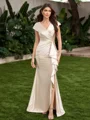 Sheath V-neck Short Sleeves Pleated Floor-Length Mother of the Bride Dress