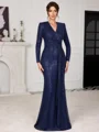 Sheath V-neck Long Sleeves Pleated Floor-Length Mother of the Bride Dress