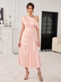 A-line One-Shoulder Short Sleeves Pleated Tea-Length Charmeuse Mother of the Bride Dress