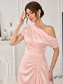 A-line One-Shoulder Short Sleeves Pleated Tea-Length Charmeuse Mother of the Bride Dress