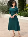 Sheath Square 1/2 Sleeves Beading Tea-Length Stretch Crepe Mother of the Bride Dress