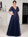 A-line V-neck Short Sleeves Sequin Floor-Length Tulle Corset Mother of the Bride Dress