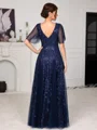 A-line V-neck Short Sleeves Sequin Floor-Length Tulle Corset Mother of the Bride Dress