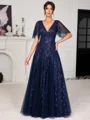 A-line V-neck Short Sleeves Sequin Floor-Length Tulle Corset Mother of the Bride Dress
