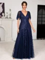 A-line V-neck Short Sleeves Sequin Floor-Length Tulle Corset Mother of the Bride Dress