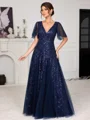 A-line V-neck Short Sleeves Sequin Floor-Length Tulle Corset Mother of the Bride Dress