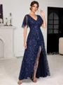 A-line V-neck Short Sleeves Sequin Asymmetrical Tulle Mother of the Bride Dress