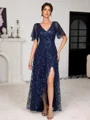 A-line V-neck Short Sleeves Sequin Asymmetrical Tulle Mother of the Bride Dress