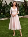 A-line V-neck 3/4 Sleeves Pleated Tea-Length Satin Corset Mother of the Bride Dress