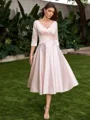 A-line V-neck 3/4 Sleeves Pleated Tea-Length Satin Corset Mother of the Bride Dress