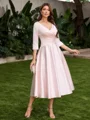 A-line V-neck 3/4 Sleeves Pleated Tea-Length Satin Corset Mother of the Bride Dress