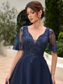 A-line V-neck Short Sleeves Appliques Lace Tea-Length Chiffon Corset Mother of the Bride Dress