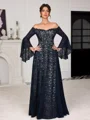 A-line Off-the-Shoulder Long Sleeves Floor-Length Lace Corset Mother of the Bride Dress