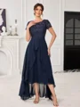A-line Scoop Short Sleeves Appliques Lace Asymmetrical Chiffon Mother of the Bride Dress