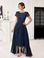 A-line Scoop Short Sleeves Appliques Lace Asymmetrical Chiffon Mother of the Bride Dress