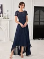 A-line Scoop Short Sleeves Appliques Lace Asymmetrical Chiffon Mother of the Bride Dress